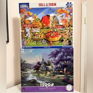 2 Jigsaw puzzles, white mountain, puzzle lot set bundle of two, kinkade 1500